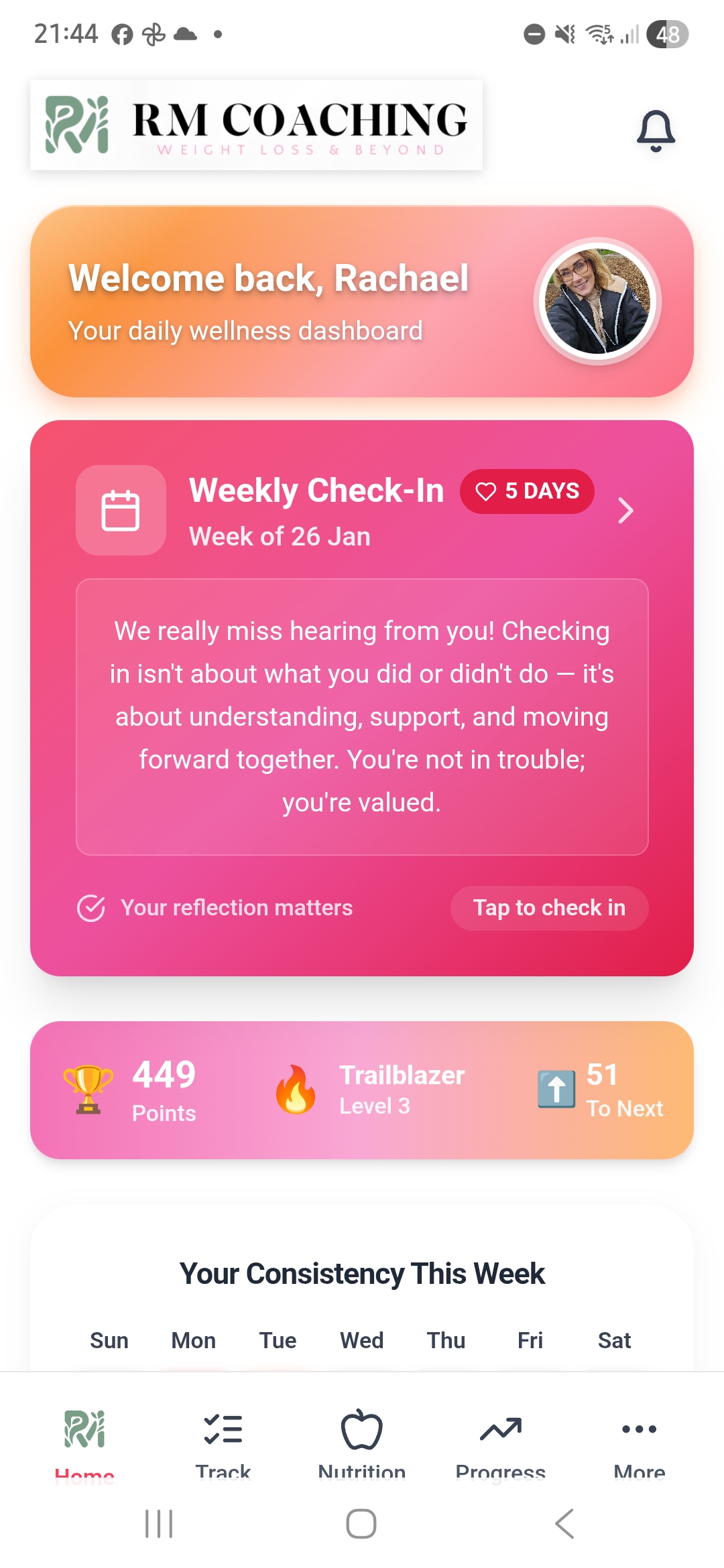 RM Coaching app home dashboard showing daily check-ins