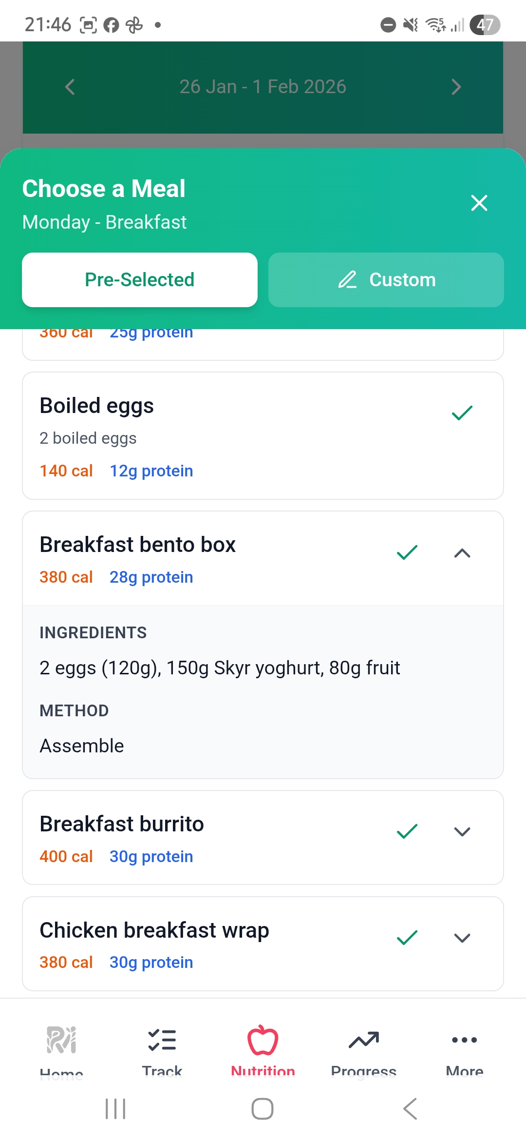 Progress tracking with weight chart